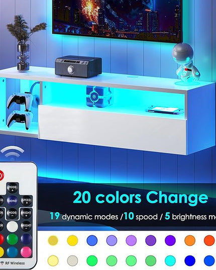 DlandHome Floating TV Stand with LED Light, 39.3’’ Wall-Mounted Media Console, Floating Shelf for Under TV Wall Mount with Storage Shelf for Bedroom Living Room, White - LeafyLoom
