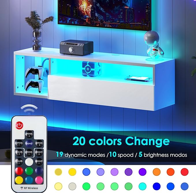 DlandHome Floating TV Stand with LED Light, 39.3’’ Wall-Mounted Media Console, Floating Shelf for Under TV Wall Mount with Storage Shelf for Bedroom Living Room, White - LeafyLoom