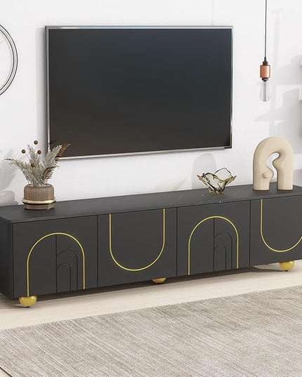 Merax Modern TV Stand for Televisions up to 75 Inches, 68.9“ Entertainment Center with Storage Cabinets and Adjustable Shelf, Media Console Table & Marble-patterned Top for Living room, Black - LeafyLoom