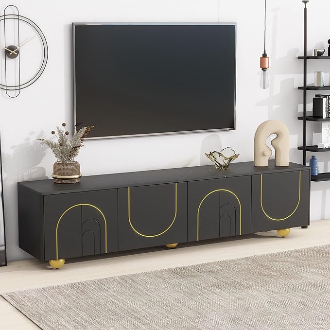 Merax Modern TV Stand for Televisions up to 75 Inches, 68.9“ Entertainment Center with Storage Cabinets and Adjustable Shelf, Media Console Table & Marble-patterned Top for Living room, Black - LeafyLoom