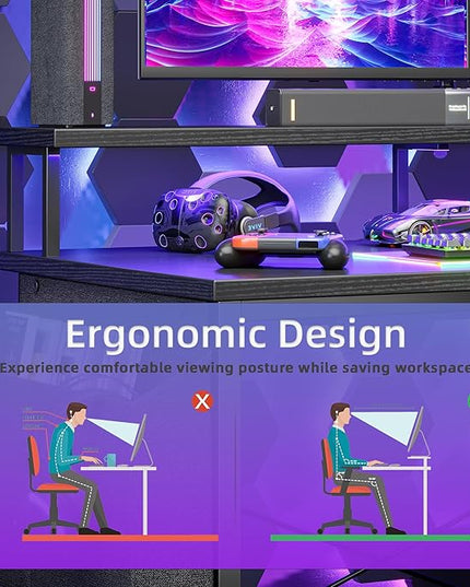 L Shaped Gaming Desk with Power Outlets, 47 Inch Computer Desk with LED Lights and Reversible Shelves, Corner Desk Work Desk for Home Office Bedroom, Black - LeafyLoom