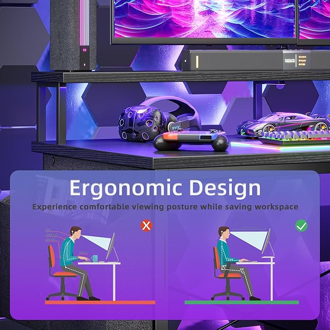 L Shaped Gaming Desk with Power Outlets, 47 Inch Computer Desk with LED Lights and Reversible Shelves, Corner Desk Work Desk for Home Office Bedroom, Black - LeafyLoom