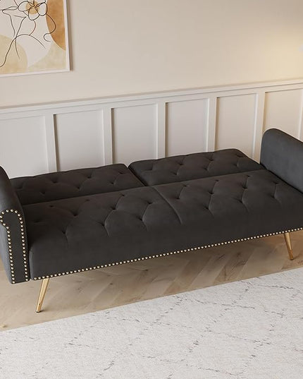 Button Tufted Upholstered Convertible Folding Sleeper Sofa Bed Futon Loveseat Couch Recliner Daybed with Adjustable and Nailhead Trim for Living Room, Bedroom, Black 69.7" - LeafyLoom