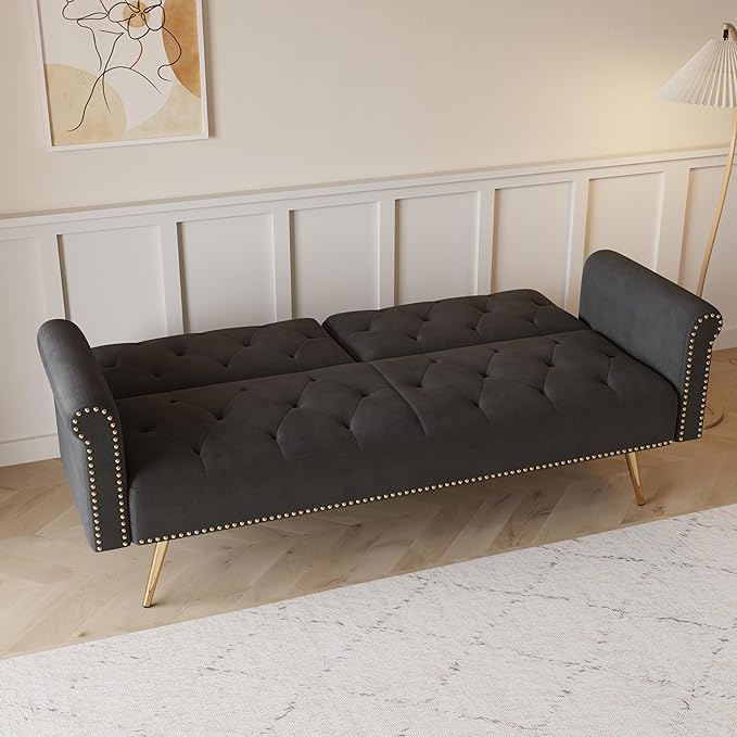 Button Tufted Upholstered Convertible Folding Sleeper Sofa Bed Futon Loveseat Couch Recliner Daybed with Adjustable and Nailhead Trim for Living Room, Bedroom, Black 69.7" - LeafyLoom