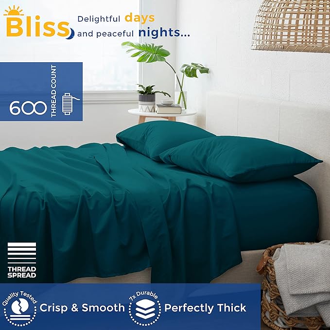 THREAD SPREAD 100% Egyptian Cotton Sheets Full Size - 600 Thread Count Sheets 4 PC 16" Deep Pocket Full Size Sheets Set, High Thread Count Soft Cooling Sateen Weave Hotel Luxury Sheets Set - Teal - LeafyLoom
