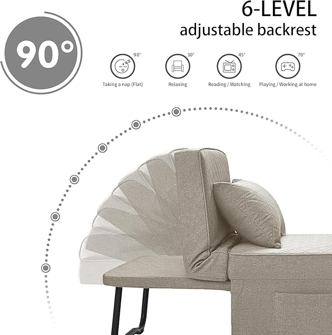 Sofa Bed, 4 in 1 Multi-Function Folding Ottoman Breathable Linen Couch Bed with Adjustable Backrest Modern Convertible Chair for Living Room Apartment Office,Squared-Linen Khaki - LeafyLoom