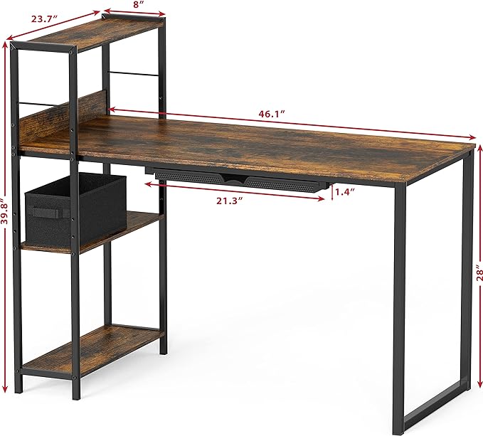 SHW 46-Inch Mission Desk with Side Shelf, 24" Deep, Rustic Brown - LeafyLoom