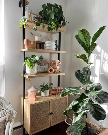 Nathan James Theo Ladder 3 tier Open Bookshelf with Rattan Drawers and Matte Steel Frame, Light Oak/Black - LeafyLoom