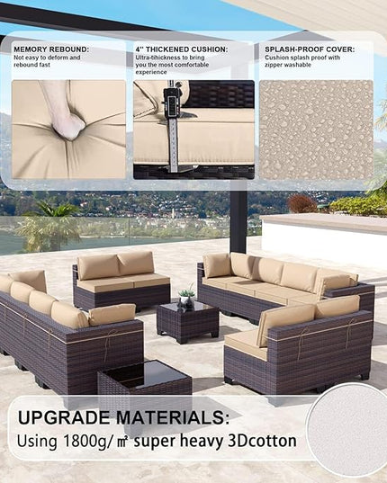 Kullavik 14PCS Outdoor Patio Furniture Set PE Wicker Rattan Sectional Sofa Patio Conversation Sets,Sand - LeafyLoom