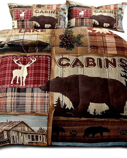 LUVIVIHOME 3PCS Rustic Cabin Comforter Set Queen, Lodge Bedding, Elk Moose Deer Bear Forest Woodland Animals Wildlife Hunting Country Farmhouse Red Buffalo Plaid Patchwork Quilt, 2 Pillow Shams - LeafyLoom