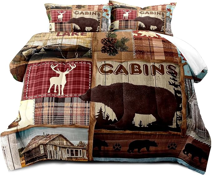 LUVIVIHOME 3PCS Rustic Cabin Comforter Set Queen, Lodge Bedding, Elk Moose Deer Bear Forest Woodland Animals Wildlife Hunting Country Farmhouse Red Buffalo Plaid Patchwork Quilt, 2 Pillow Shams - LeafyLoom