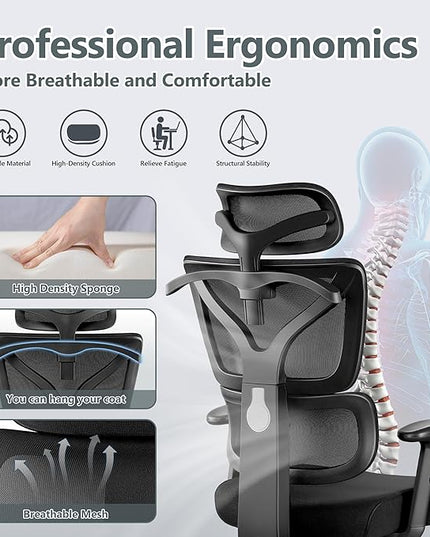 Office Chair Ergonomic Desk Chair, High Back Gaming Chair, Big and Tall Reclining chair Comfy Home Office Desk Chair Lumbar Support Breathable Mesh Computer Chair Adjustable Armrests (Black) - LeafyLoom