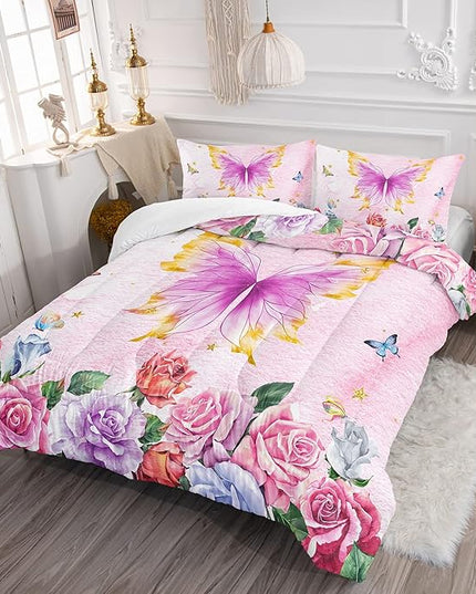 Butterfly Comforter Set for Girls Kids Adults Butterfly Rose Bedding Set Aesthetics Butterflies Quilt Duvet Set Twin Size with 1 Comforter and 2 Pillowcases - LeafyLoom