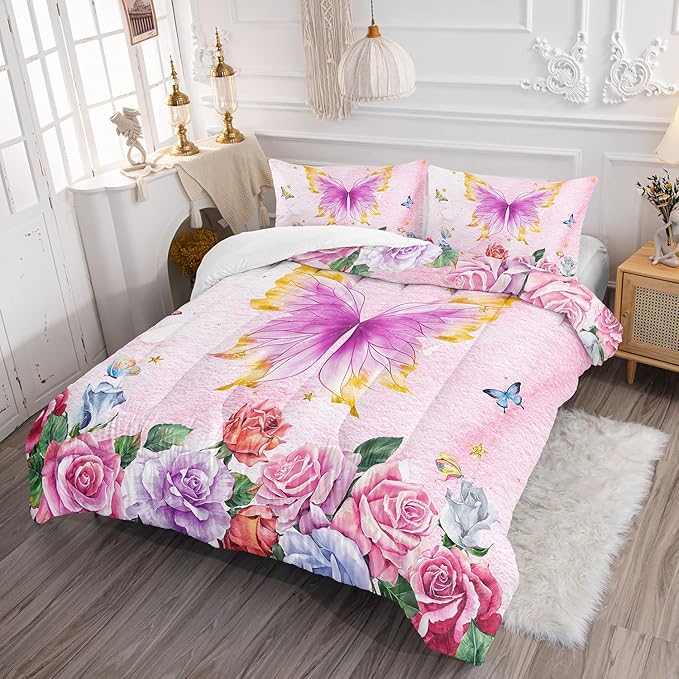 Butterfly Comforter Set for Girls Kids Adults Butterfly Rose Bedding Set Aesthetics Butterflies Quilt Duvet Set Queen Size with 1 Comforter and 2 Pillowcases - LeafyLoom