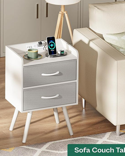 Night Stand with Charger Station, Nightstand with Drawers, Bedside Table, End Table with Solid Wood Feet, White Nightstand, Side Tables for Bedroom - LeafyLoom