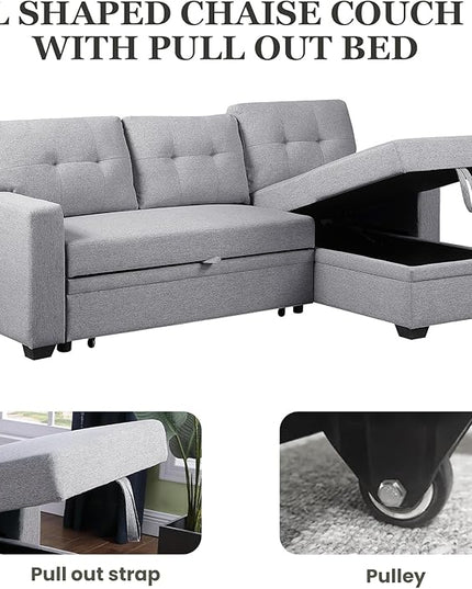 L Shape Sleeper Sofa Bed with Storage, Large Full Size Pull Out Sectional Couch, Futon Chaise Lounge Recliner for Living Room, Apartment, Bedroom, Office, Grey - LeafyLoom