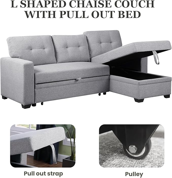L Shape Sleeper Sofa Bed with Storage, Large Full Size Pull Out Sectional Couch, Futon Chaise Lounge Recliner for Living Room, Apartment, Bedroom, Office, Grey - LeafyLoom