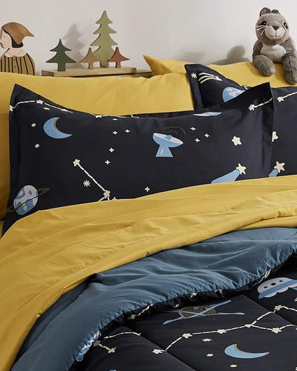 SLEEP ZONE Kids Twin Bedding Comforter Set - Super Cute & Soft Kids Bedding 5 Pieces Set with Comforter, Sheet, Pillowcase & Sham (Navy Galaxy) - LeafyLoom