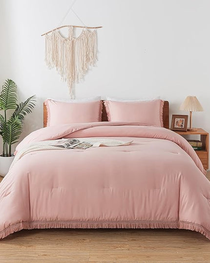 Andency Pink Comforter Set Full Size for Girls, Blush Boho Women Tassel Lightweight Bedding Comforter Sets, 3 Pieces All Season Soft Fluffy Fringe Bed Set (79x90In Comforter & 2 Pillowcases) - LeafyLoom