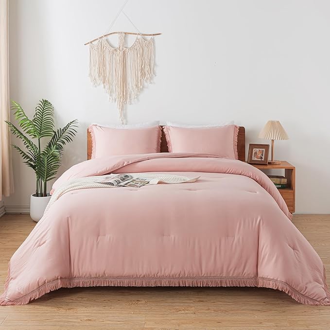 Andency Pink Comforter Set Full Size for Girls, Blush Boho Women Tassel Lightweight Bedding Comforter Sets, 3 Pieces All Season Soft Fluffy Fringe Bed Set (79x90In Comforter & 2 Pillowcases) - LeafyLoom