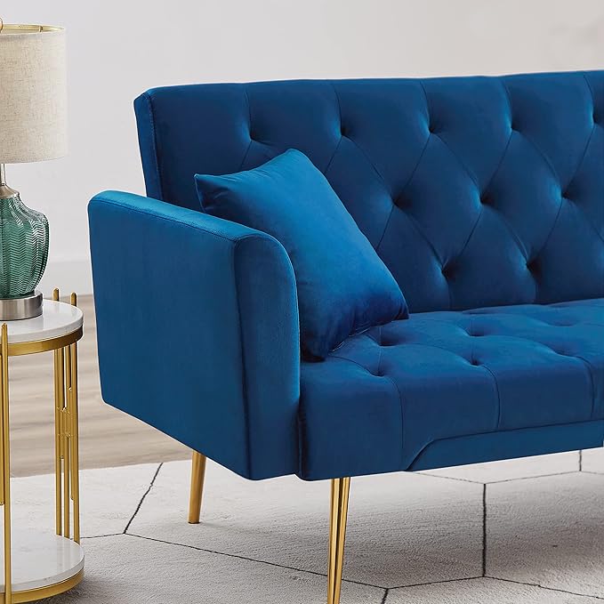 Convertible Folding Futon Sofa Bed Sleeper Lounge Couch,Small Velvet Upholstered Recliner Loveseat Daybed with Adjustable Backrest and Golden Metal Legs Space-Saving Sofabed for Living Room Office - LeafyLoom
