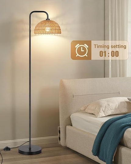 PARTPHONER Rattan Floor Lamp, 68'Standing Lamp for Living Room with 3 Color Temperatures Adjustable Tall Reading Lamp for Bedroom Office, Bulb Include - LeafyLoom