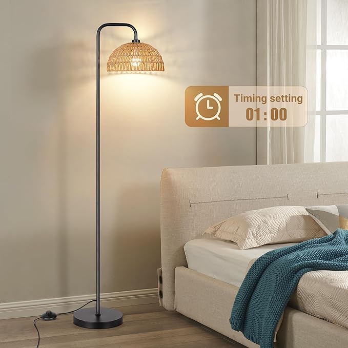 PARTPHONER Rattan Floor Lamp, 68'Standing Lamp for Living Room with 3 Color Temperatures Adjustable Tall Reading Lamp for Bedroom Office, Bulb Include - LeafyLoom
