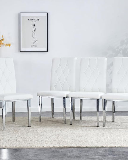 NicBex Dining Chairs Set of 4 Modern PU Dining Room Kitchen Chairs with Embedded Button High Backrest,Silver Metal Legs,Chairs for Dining Room, Kitchen,Living Room, and Restaurants,White - LeafyLoom