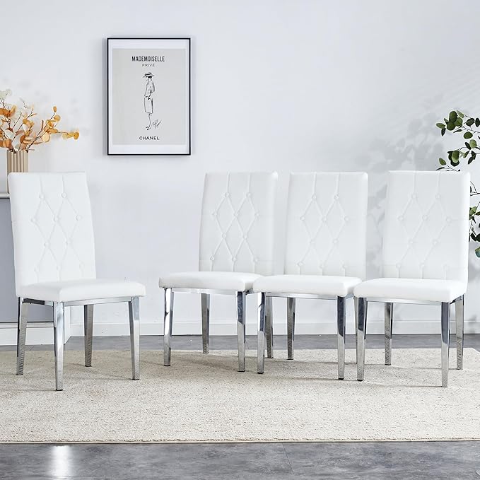 NicBex Dining Chairs Set of 4 Modern PU Dining Room Kitchen Chairs with Embedded Button High Backrest,Silver Metal Legs,Chairs for Dining Room, Kitchen,Living Room, and Restaurants,White - LeafyLoom