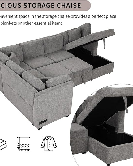 U Shaped Reversible Pull Out Sleeper Sectional Sofa Convertible Corner Couch Bed with Storage Chaise Lounge , 6 Seater Chenille Upholstered Sofa&Couch wth USB Ports, 2 Power Sockets for Living Room - LeafyLoom