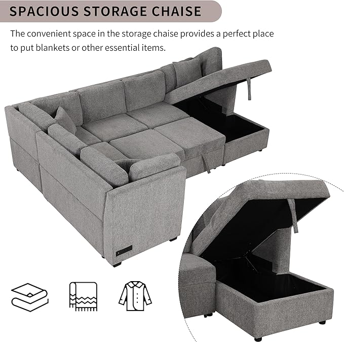 U Shaped Reversible Pull Out Sleeper Sectional Sofa Convertible Corner Couch Bed with Storage Chaise Lounge , 6 Seater Chenille Upholstered Sofa&Couch wth USB Ports, 2 Power Sockets for Living Room - LeafyLoom