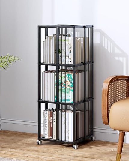 Rotating Bookcase Black 3 Tiers Metal Bookshelf, 360°Cubic Large Capacity for Small Space with Storage and Creative Multi-Layer Shelves,Magazine&Books for Bedroom Living Room Study and Office - LeafyLoom