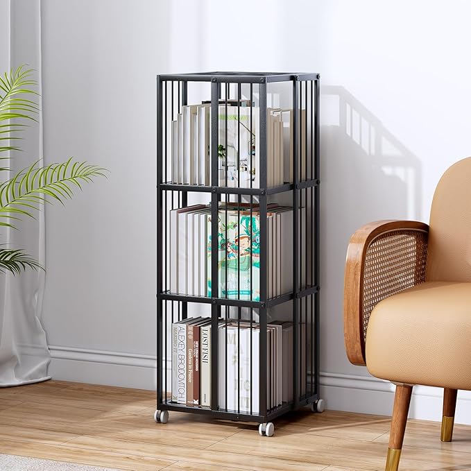 Rotating Bookcase Black 3 Tiers Metal Bookshelf, 360°Cubic Large Capacity for Small Space with Storage and Creative Multi-Layer Shelves,Magazine&Books for Bedroom Living Room Study and Office - LeafyLoom