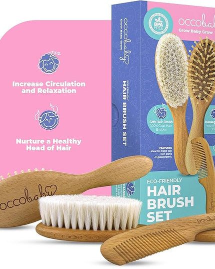 OCCObaby Wooden Baby Hairbrush Set for Newborns & Toddlers - Baby Comb for Cradle Cap - Baby Comb and Brush Set for Baby Grooming - Baby Scalp Brush for Cradle Cap - Toddler Comb - LeafyLoom