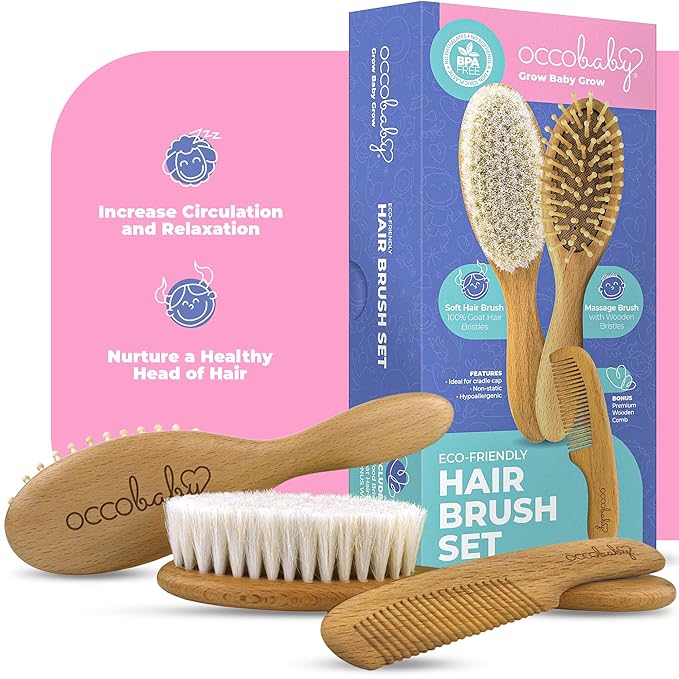 OCCObaby Wooden Baby Hairbrush Set for Newborns & Toddlers - Baby Comb for Cradle Cap - Baby Comb and Brush Set for Baby Grooming - Baby Scalp Brush for Cradle Cap - Toddler Comb - LeafyLoom