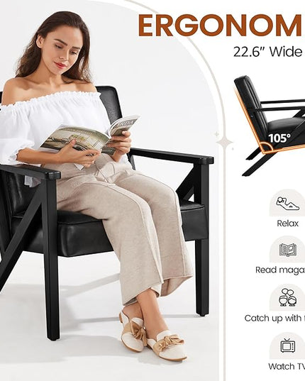 Yaheetech Accent Chair, Armchair with Strong Wood Frame, PU Leather Modern Retro Lounge Chair for Living Room/Lounge/Office/Reception Area, Black - LeafyLoom