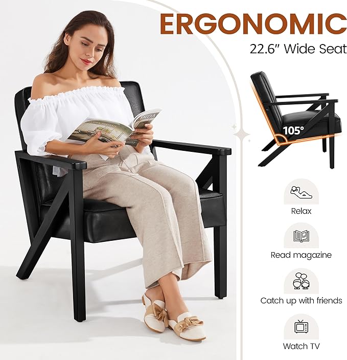 Yaheetech Accent Chair, Armchair with Strong Wood Frame, PU Leather Modern Retro Lounge Chair for Living Room/Lounge/Office/Reception Area, Black - LeafyLoom