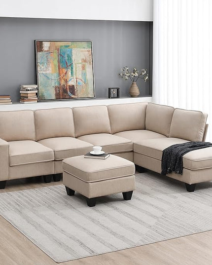 104" L-shaped Sectional Sofa, 7 Seater Couch Set with Chaise Lounge and Convertible Ottoman, Comfy Sectional Sofa for Living Room, Apartment, Office - LeafyLoom
