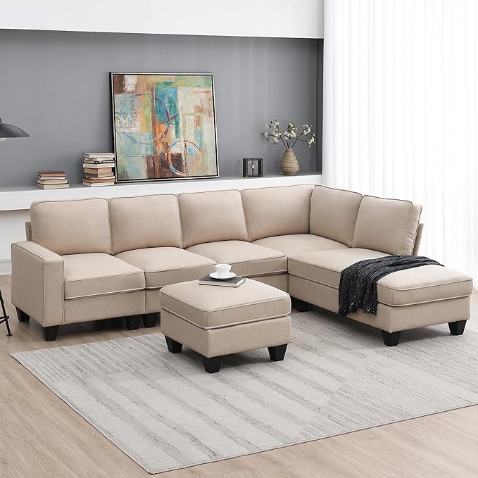 104" L-shaped Sectional Sofa, 7 Seater Couch Set with Chaise Lounge and Convertible Ottoman, Comfy Sectional Sofa for Living Room, Apartment, Office - LeafyLoom