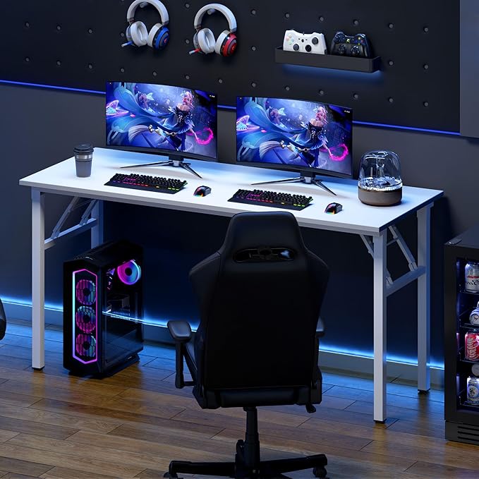 Need Home Office Desk Large Computer Desk 60 inch Sturdy Table Foldable Desk Gaming Computer Table No Assembly Required, White&White Frame AC5DW(152.4 * 60) - LeafyLoom