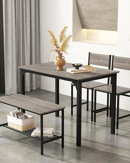 Dining Table Set for 4, Dinette Set w/Bench & Chairs, 2-Person Kitchen Table and Chairs w/Metal Frame & Storage Rack, Space-Saving Kitchen Table w/Bench for Apartment (Grey), Small - LeafyLoom