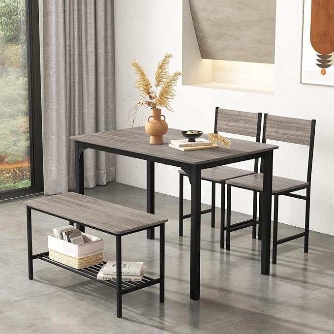 Dining Table Set for 4, Dinette Set w/Bench & Chairs, 2-Person Kitchen Table and Chairs w/Metal Frame & Storage Rack, Space-Saving Kitchen Table w/Bench for Apartment (Grey), Small - LeafyLoom