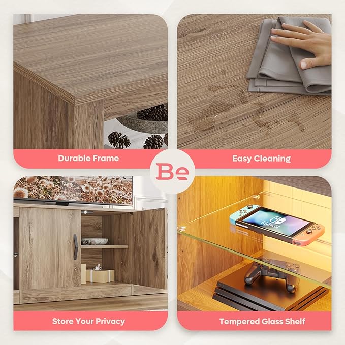 Bestier 70 inch Gaming Entertainment Center with Adjustable Glass Shelves for 75 inch TV, Large Led TV Stand with Two Cabinets, Modern Television Stand for Living Room, Bedroom, Pinewood - LeafyLoom