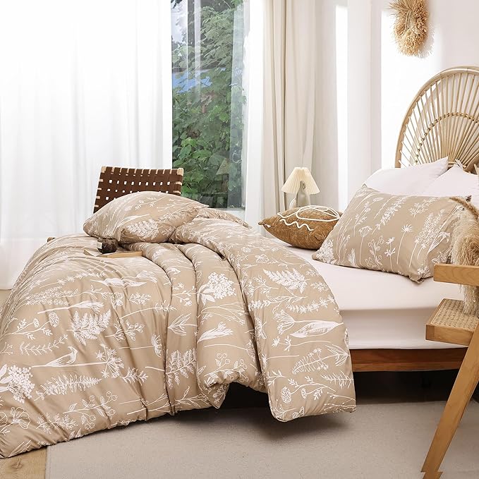 JANZAA Twin Comforter Taupe Comforter Set Floral Comforter Set Bedding Set White Flower Printed Lightweight Comforter with 1 Pillow Case for All Season Using - LeafyLoom