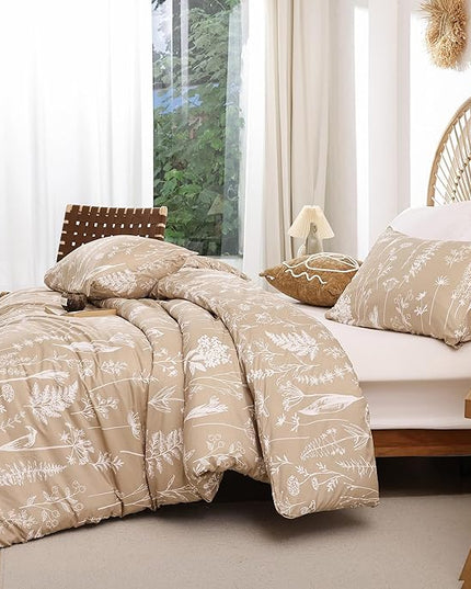 JANZAA 3pcs Taupe Comforter Set King Size Comforter Set,Soft Microfiber Bedding Plant Printed on Floral Comforter with 2 Pillow Cases for All Seasons(King) - LeafyLoom