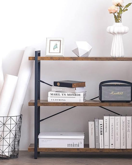 HCHQHS Bookshelf, 3-Tier Industrial Bookcase, Rustic Open Book Shelf, Wood and Metal Horizontal Bookshelves - LeafyLoom