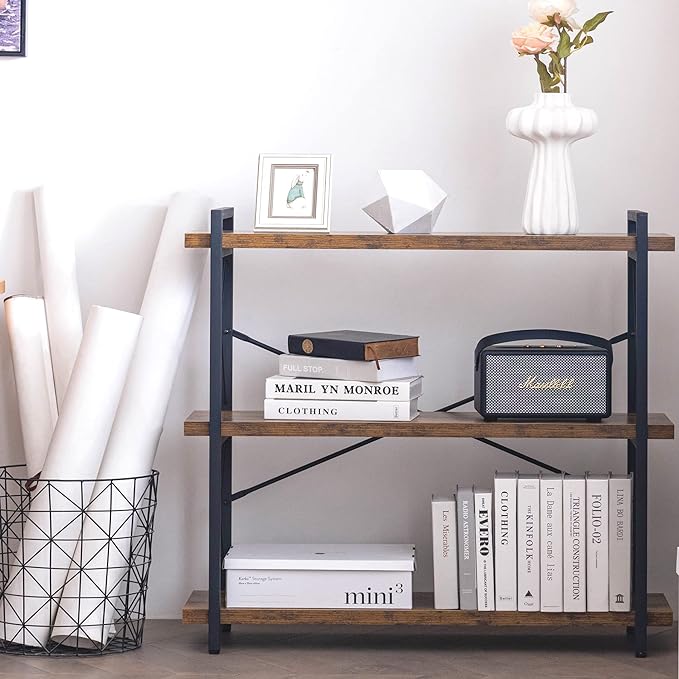 HCHQHS Bookshelf, 3-Tier Industrial Bookcase, Rustic Open Book Shelf, Wood and Metal Horizontal Bookshelves - LeafyLoom