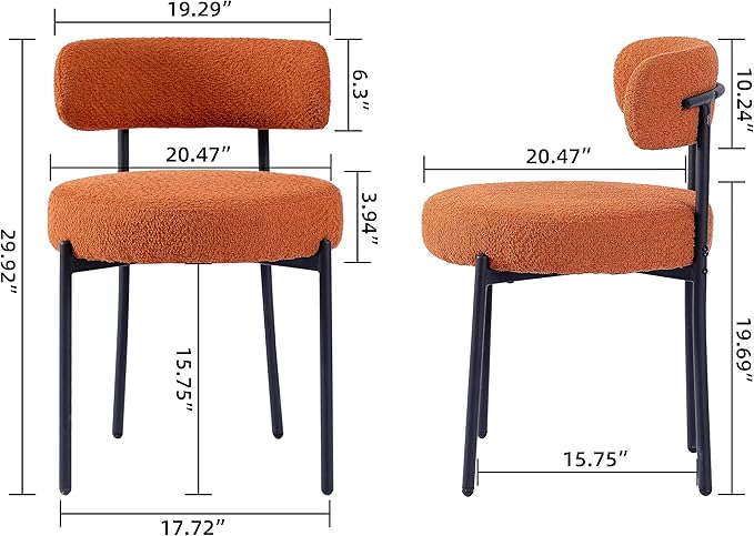 Orange Dining Chairs Set of 4 Round Upholstered Boucle Dining Room Chairs Mid-Century Modern Kitchen Chairs Curved Backrest Chairs for Dining Room Black Metal Legs - LeafyLoom