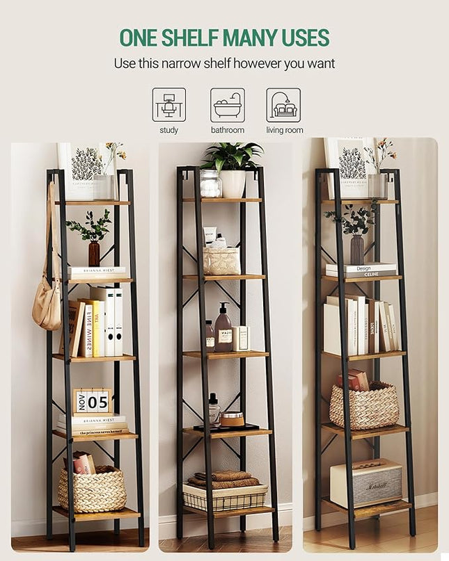 Ladder Shelf, Bookshelf Bookcase, Freestanding Corner Storage Shelve with 2 Hooks for Home Office, Living Room, Kitchen, Bedroom, Industrial, 5-Tier Rustic Brown BC03201B - LeafyLoom