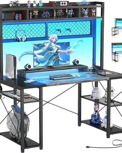 armocity 2024 Upgrade Gaming Desk with Hutch, 48'' Magic Computer Desk with LED and Outlets, Reversible Workstation Desk with Pegboard, Grey/Black - LeafyLoom